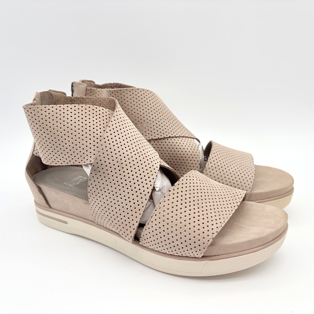 Eileen Fisher Sport Perforated Sandals Womens Size 9.5 Taupe Nubuck Wedge